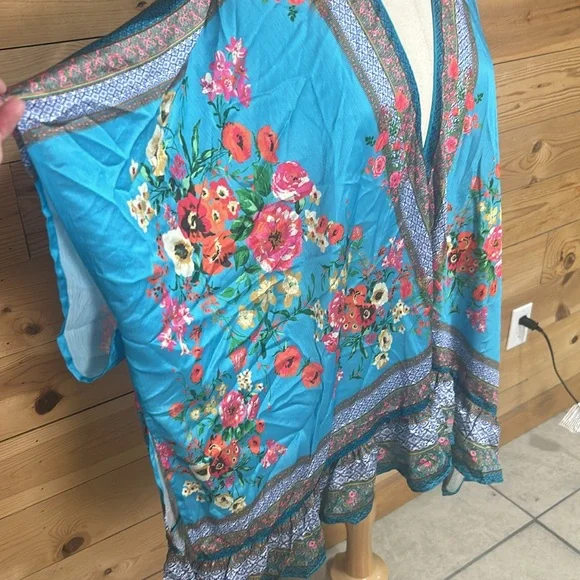 NWT Umgee boho turquoise silky floral kimono swim cover wrap poncho ruana XL 1X - Picture 5 of 16